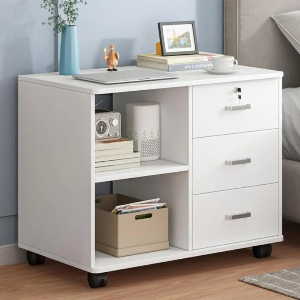 3 Drawer White Storage Cabinet, 360 Degree Wheels,High Capacity,Strong Load-bearing, With Lock,Home Office Wood File Cabinet