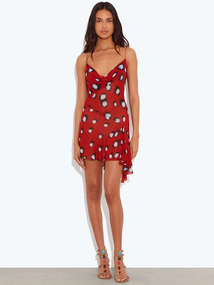 Mozision Women Red Polka Dot See Through Sexy Mini Dress Women Elegant Spaghetti Strap Sleeveless Backless Ruffle Slip Dress - view 3