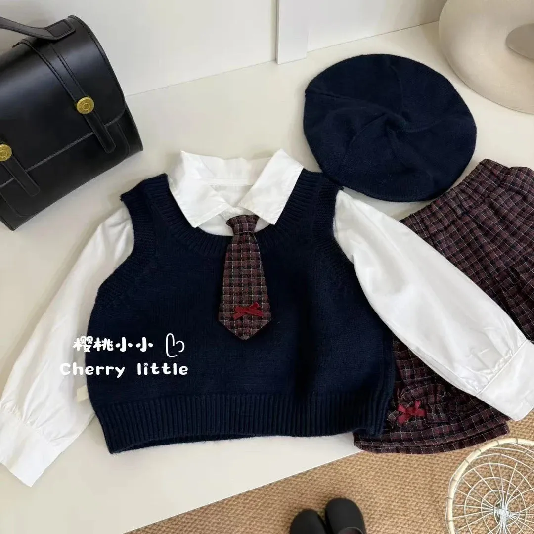 Girls Autumn College Style JK Suit New Children Fashion Style Shirt Knitted Vest Pleated Skirt Three-piece Set Solid Sets 3