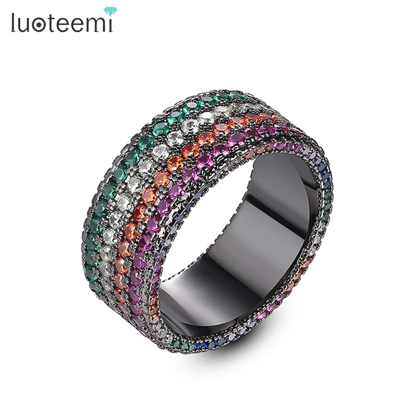 LUOTEEMI Multicolor Rainbow CZ Wide Rings Band Luxury Gun Black Colorful CZ Party Finger Ring Gothic Aesthetic Bague Femme Girls