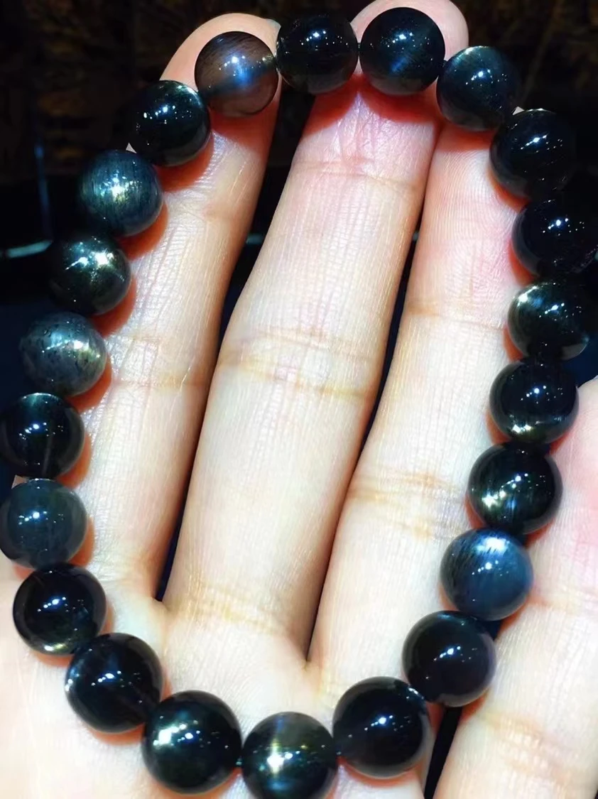 8.5mm Natural Black Sunstone Moonstone Beads Bracelet  Women Men Stretch Flash Light Crystal Clear Round Beads AAAAAA