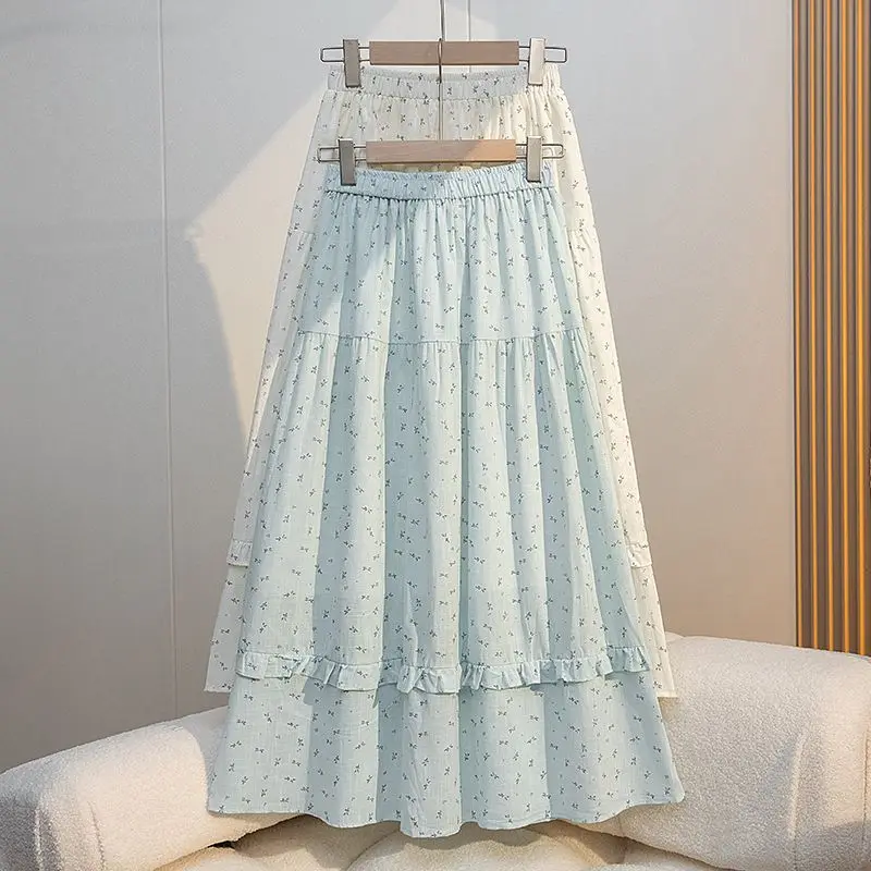 

Нежная дизайнерская юбка А-силуэта с цветочным принтом и деревянными элементами, женская летняя новинка, эластичная, с высокой талией, нишевая модель