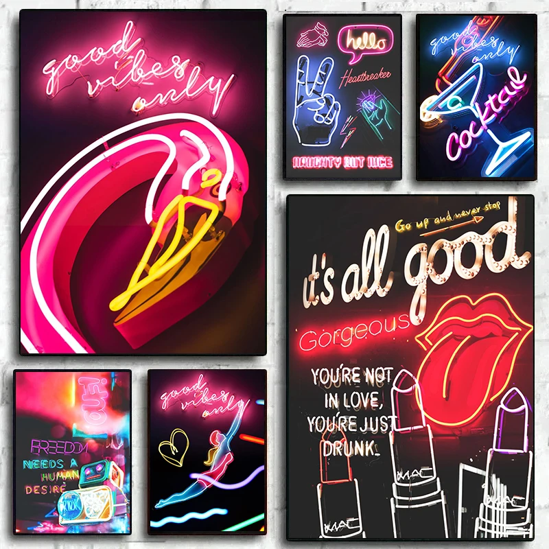 Neon Effect Big City Lights Canvas Painting Nordic Posters and Prints Flamingo Wall Art Pictures Cafe Bar Home Room Decor NO LED