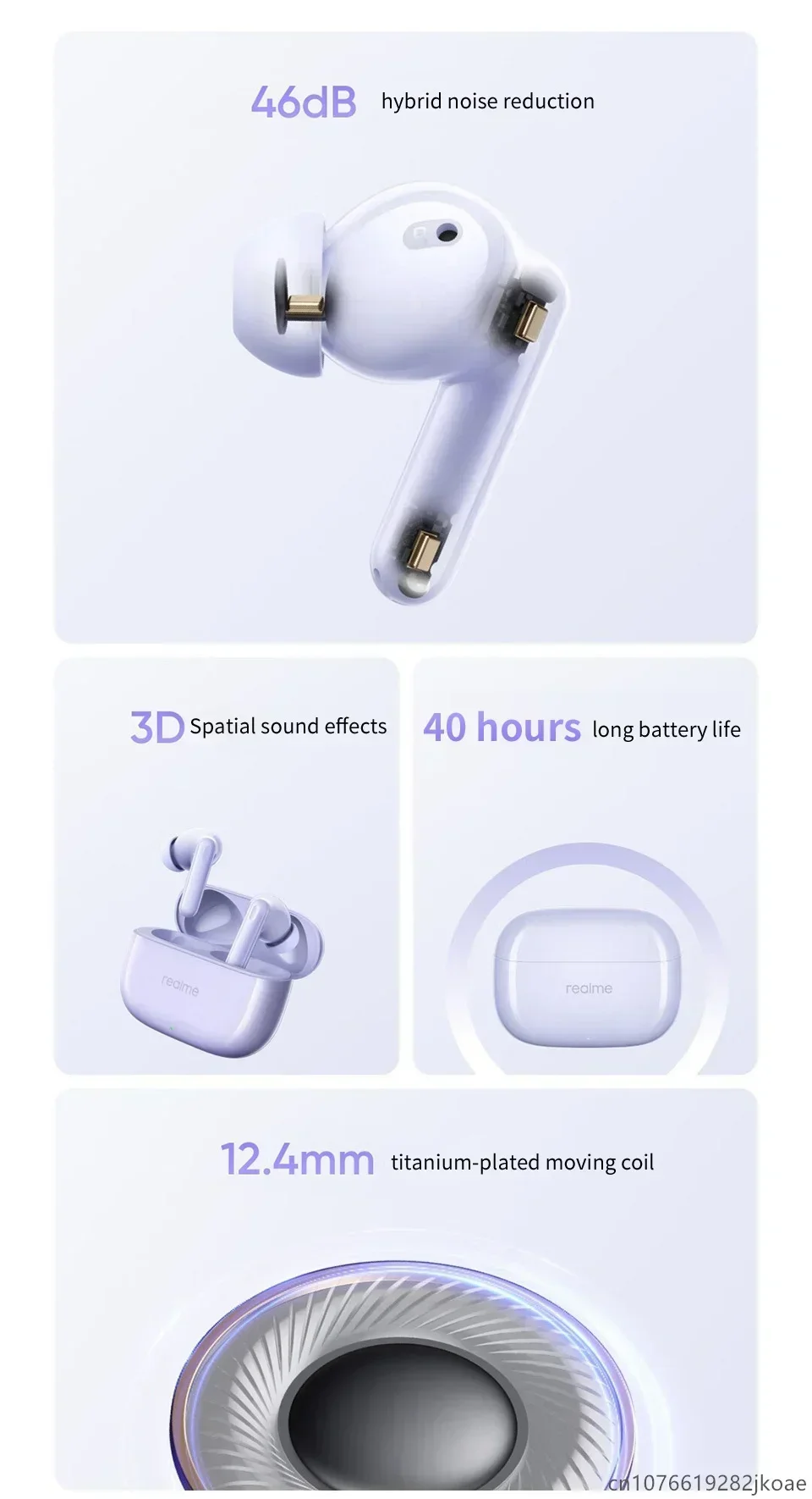 realme Buds T310-Kopfhörer, 46 dB, aktive Geräuschunterdrückung, kabellose HiFi-Kopfhörer, Bluetooth 5.4, Spiel-Musik-Headset, lange Standby-Zeit – Detail 2