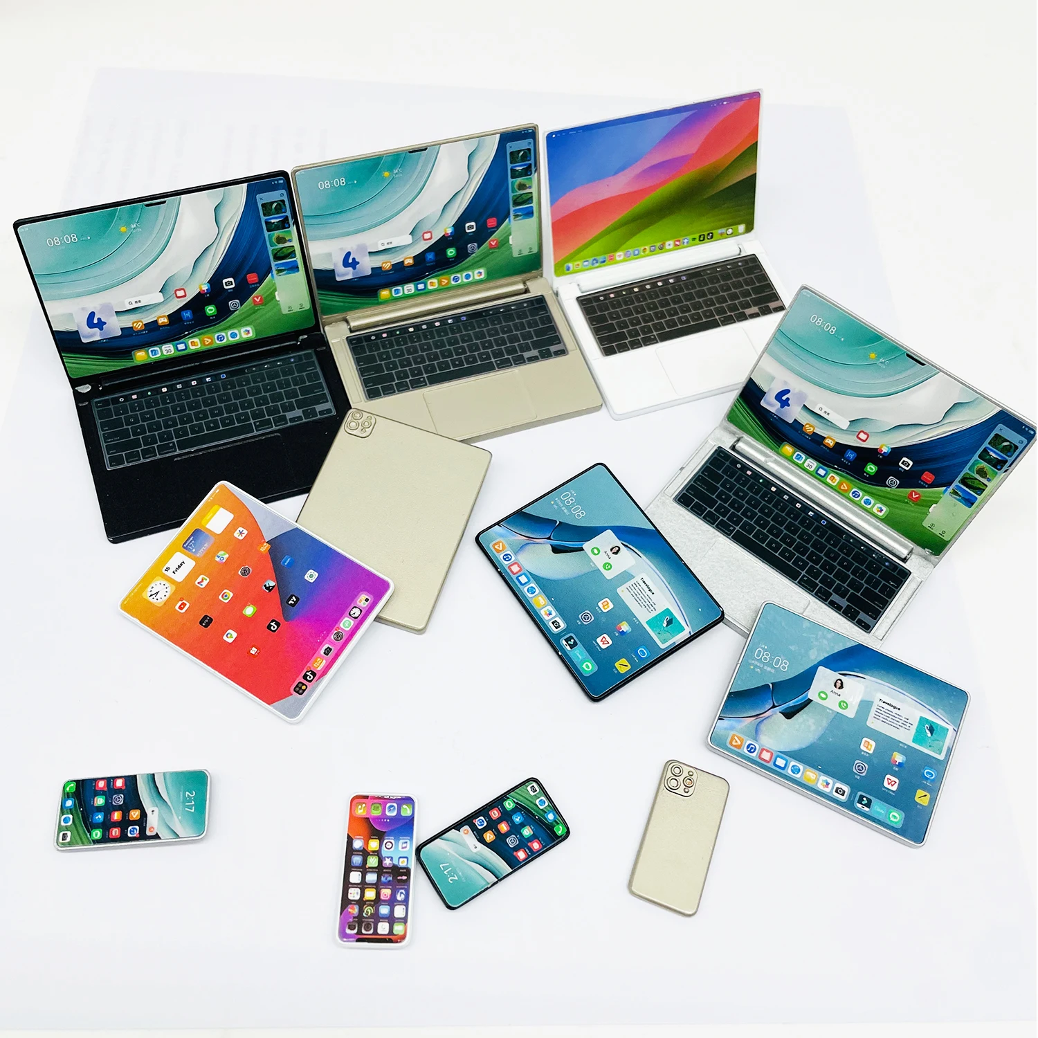 3pcs Simulation Mini Laptop Computer Phone Dollhouse Miniature 1:12 Alloy Crafts Dollhouse Decor for Doll House DIY Accessories