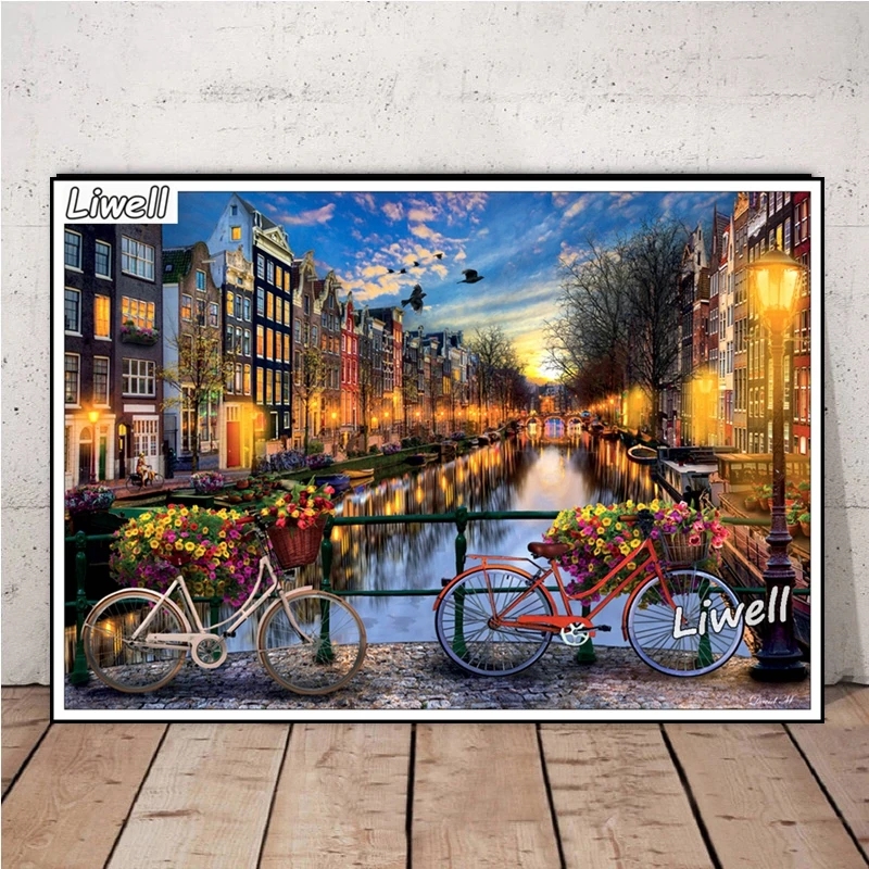 Netherlands Amsterdam Canal With Bicycles Sunrise Landscape Diamond Painting Wall Art Museum Square Cross Stitch Room Decor