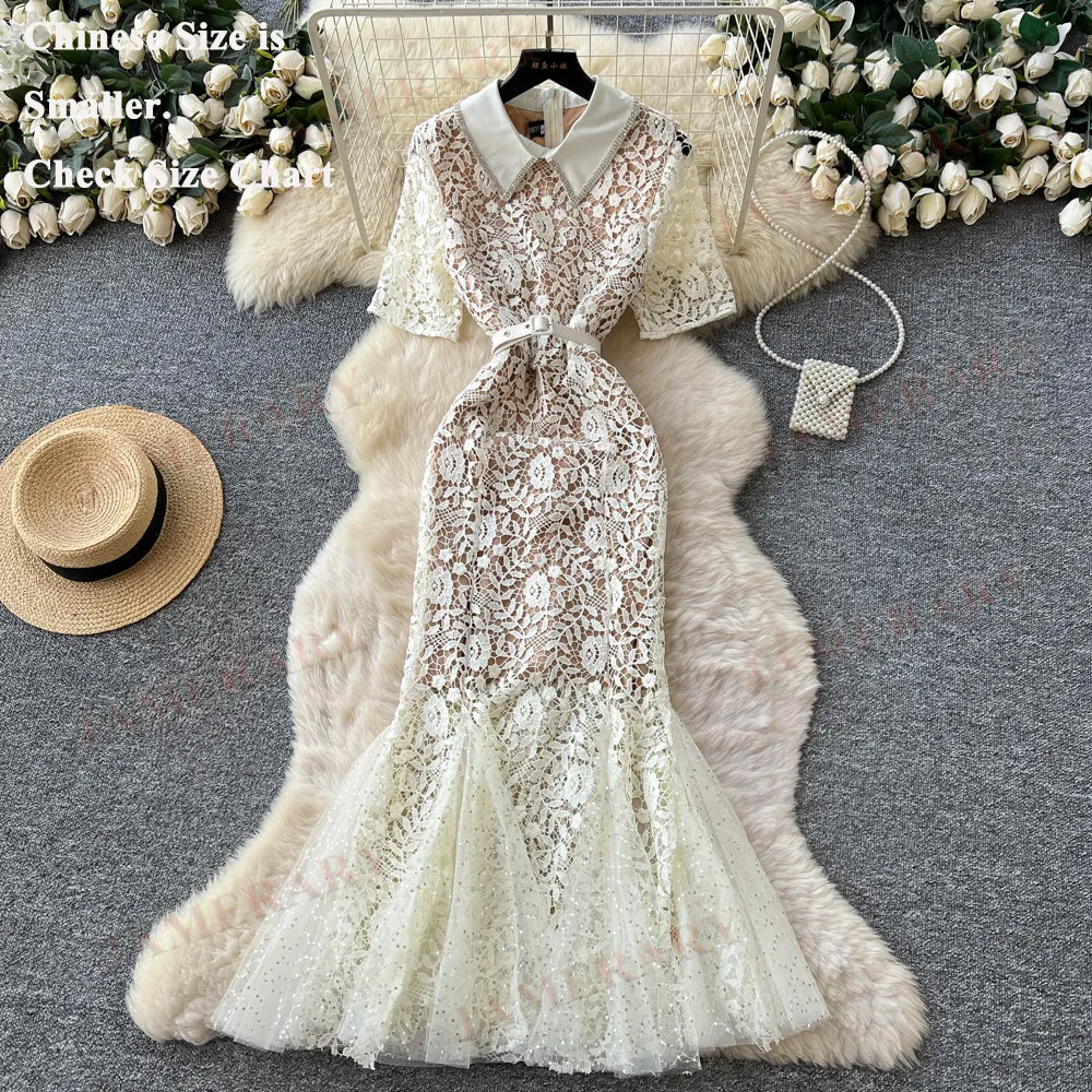 

Летнее платье-русалка с вышивкой и стразами, кружевное, ажурное, длинное, для вечеринок, с коротким рукавом, Vestidos De Fiesta