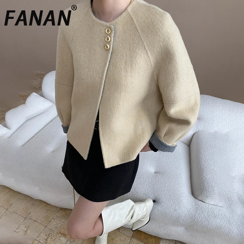 

FANAN Office Lady 100% Wool Coats For Women Round Neck Long Sleeve Casual Loose Tops Office Lady Jackets Fashion 2025 Winter New