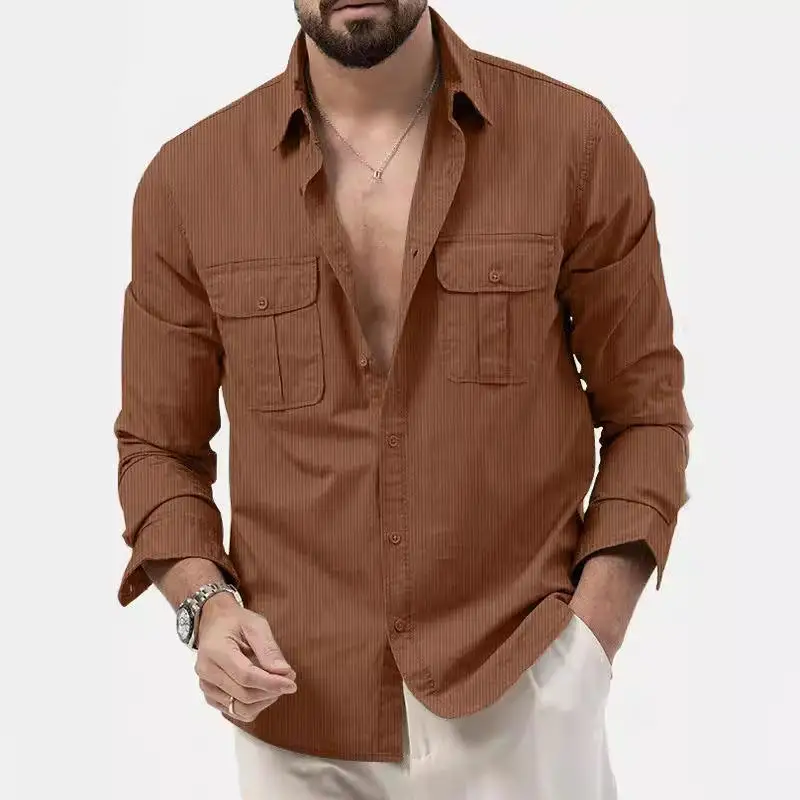 

New 2023 Men's Casual Long Sleeve Shirt Double Pocket Leisure Top PU Leather Fabric Autumn Season Fashion Resistant to Deform...