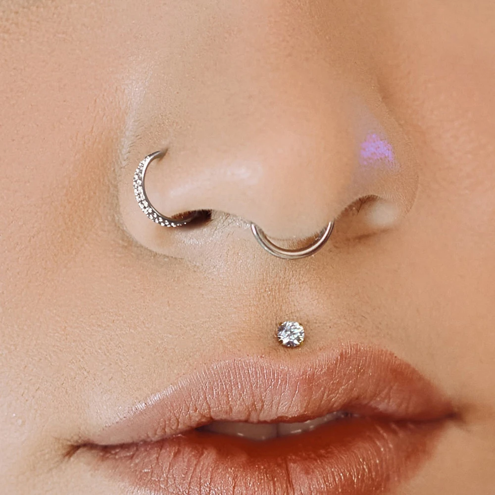 Giga 16G with Crystals Double Hoop Nose Ring for Women, Stainless Steel Septum Clicker for Conch, Helix, Rook, Tragus, Lip