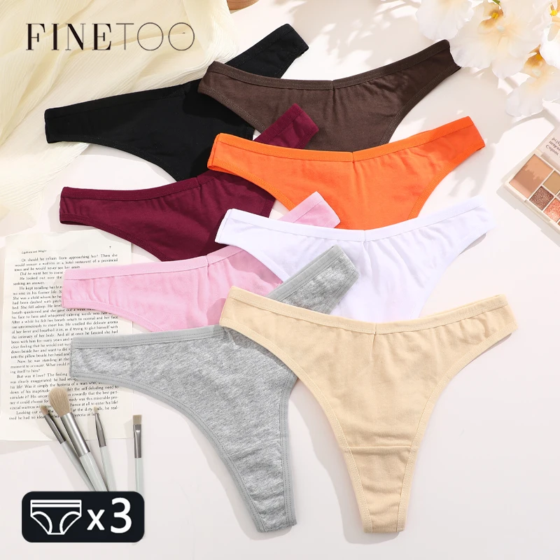 FINETOO 3Pcs Cotton Solid Thongs Women\'s Panties Sexy Low Waist Comfortable Underwear Female Breathable G-string Soft Lingerie