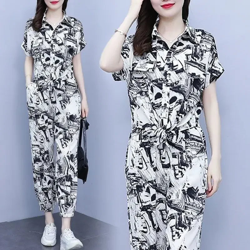 Women's Casual Sports Suit 2025 Spring Summer New Fashion Ink Print Shirt Short Sleeve Tops Pants 2 Piece Set Plus Size Clothing