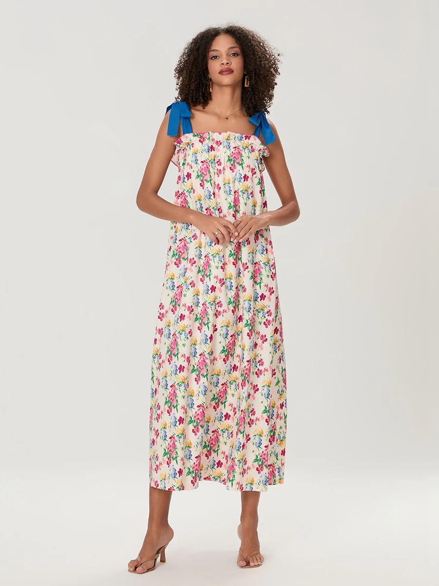 Vestido sem mangas estampado floral feminino, vestido de praia solto, ombro com laço, longo, moda verão