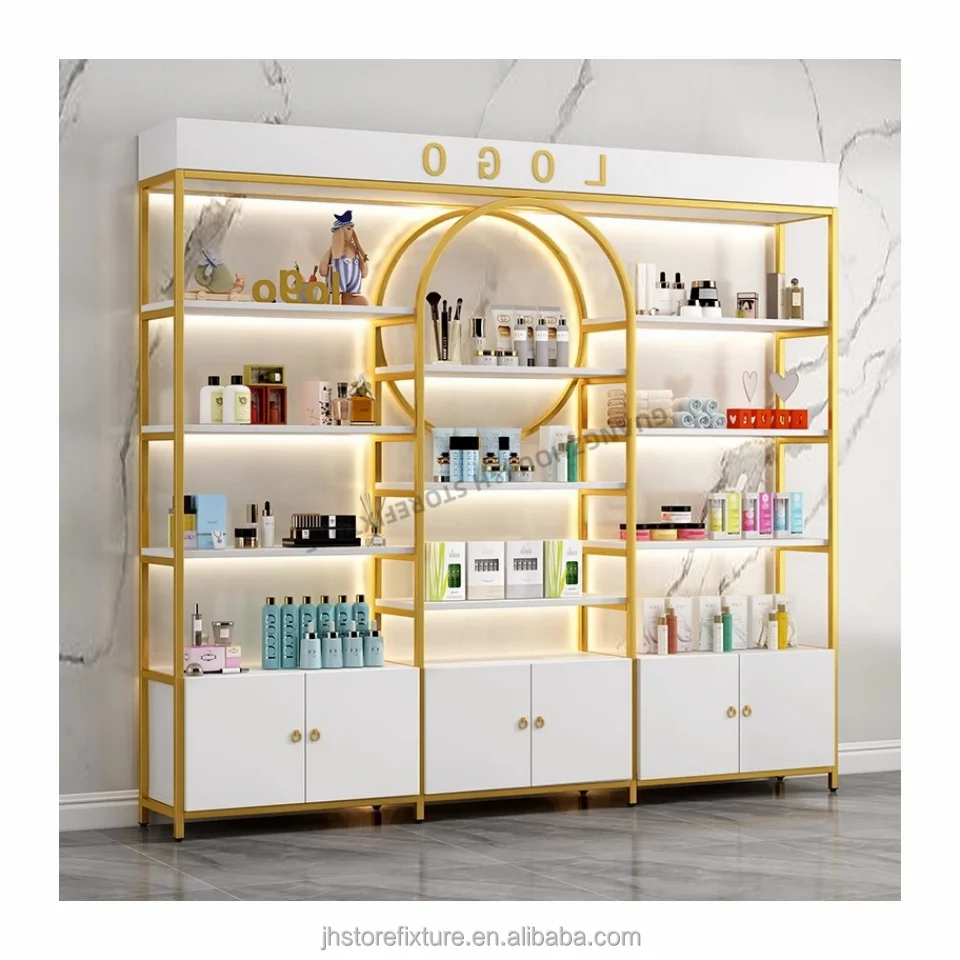 Fashion Concept Cosmetic Shelves Gold Retail Store Cosmetic Display Rack with Cabinet for Shop Customize logo Size