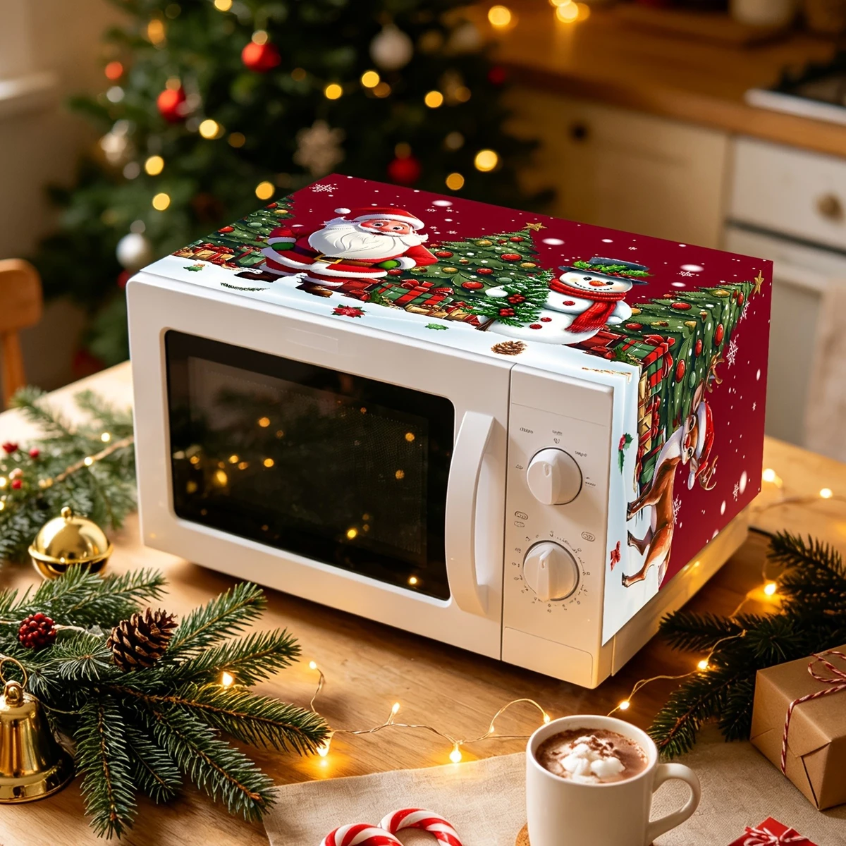Christmas Microwave Cover Polyester Santa Snowman Christmas Tree Print Microwave Oven Dust Cover Kitchen Holiday Decor Cloth