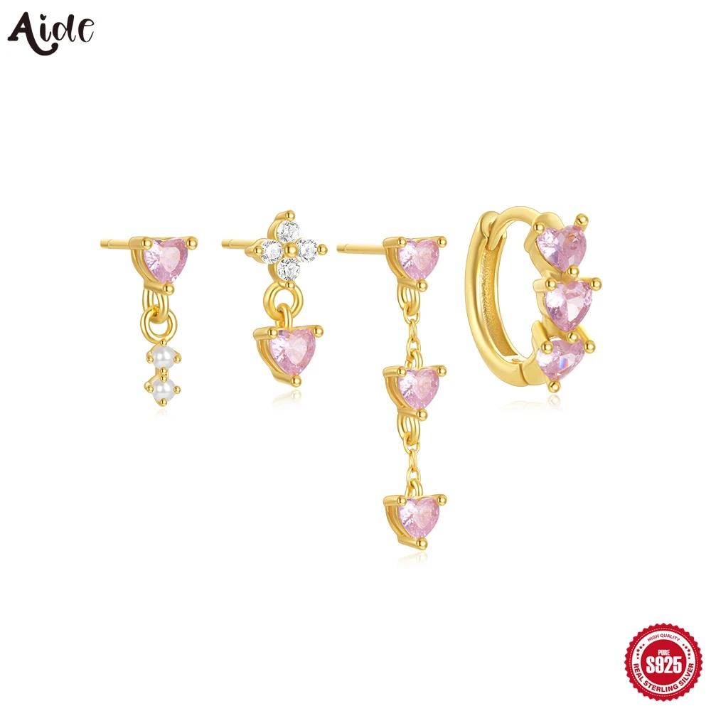 Aide 925 Sterling Silver 4/5-Pieces Set Transparent Zircon Earring Fashionable Pink Love Heart Ear Nail Women Personalized Jewel