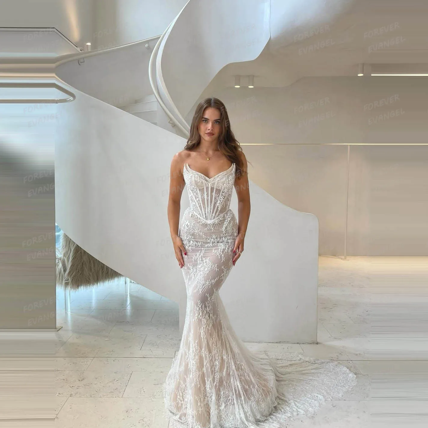 Boho Mermaid Wedding Dresses Woman Bride Gowns Sexy Sweep Train Lace Appliques Sweetheart Tulle Customized Vestidos De Novia