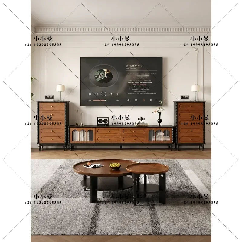 Solid Wood Living Room Coffee Table TV Cabinet Sideboard Combo Mid Century Antique Style High Leg Storage Unit for Small