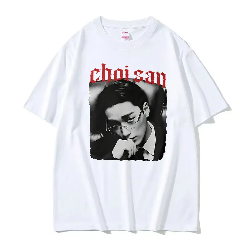 2026 Korean Ateez Choi San Graphic T Shirts Men's Hip Hop Korean Loose Short Sleeve T-shirt Retro 100% Cotton T Shirt Streetwear