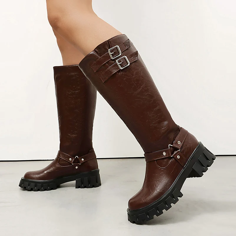 

Rivet Ankle Triangular Buckle Double Row Buckle Slip On Classic Knight Boots Round Toe Mid Heel Retro Mid-Calf Boots