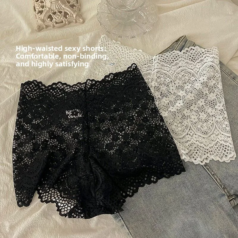 Pure Desire High Waist Lace Briefs Women's Sexy Black Peach Butt Four Corner Shorts Anti-Light Base Layer Pants Flat Angle