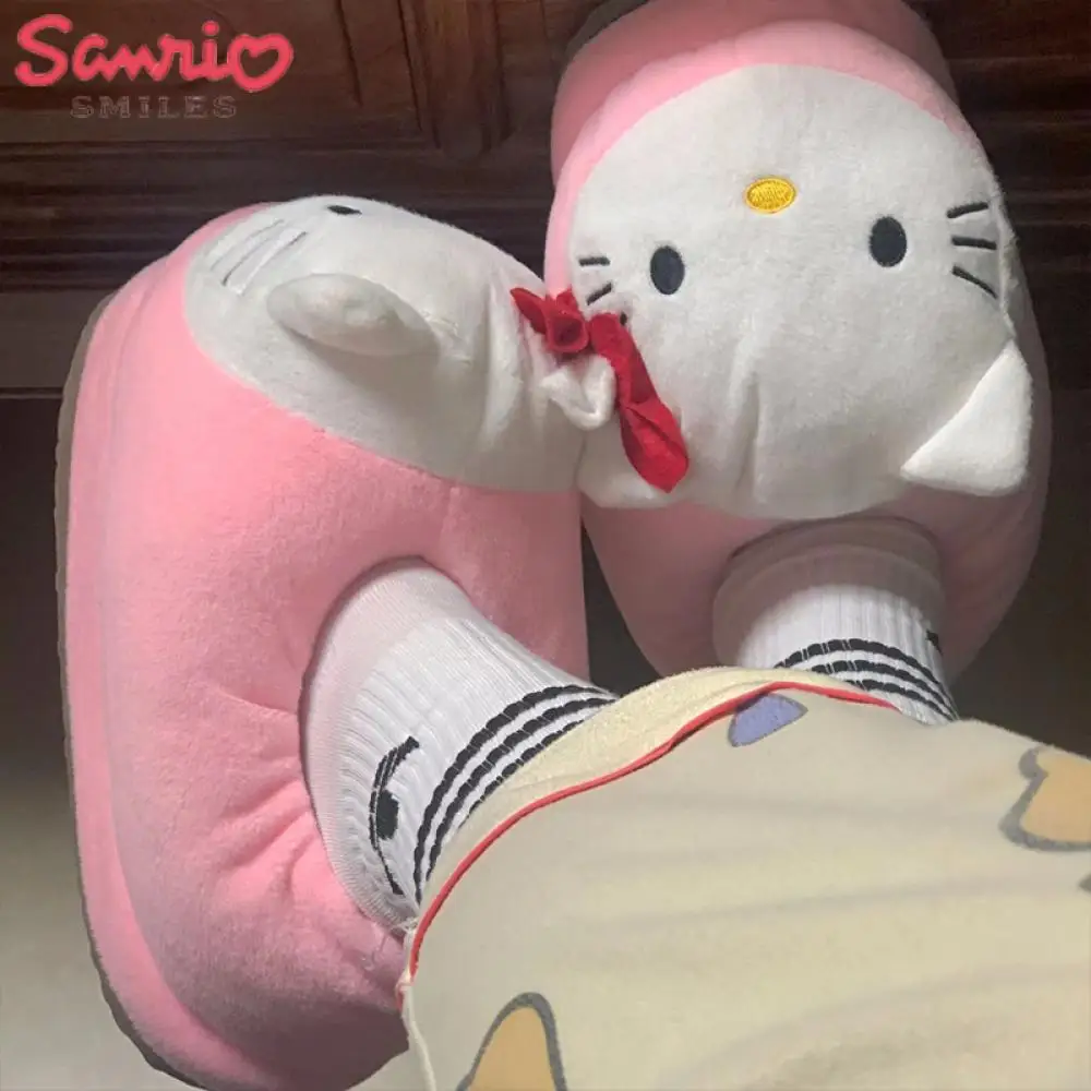 

Y2K Hello Kitty, женские тапочки с большой головкой, плюшевая хлопковая обувь Sanrioed Kawaii, аниме, обувь на плоской подошве, зимние теплые утолщенные милые студенческие тапочки