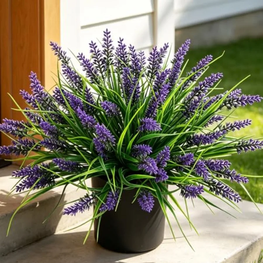

Artificial Plants Fake Flowers Monkey Grass for Outdoors, UV Resistant Realistic Faux Greenery Shrubs with Flowers for Outside