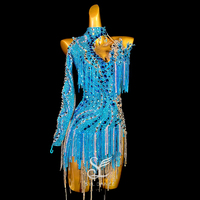 SYL woman blue backless stone fringe sew-on stone dancesport dress stones latin dance dress competition