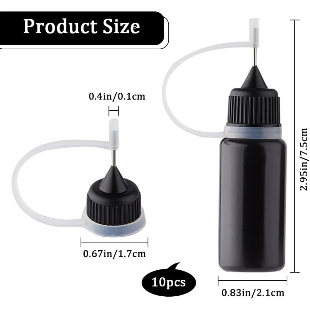 10Pcs Precision Tip Applicator Bottles Black Metal Needle Plastic Bottle 10ML Precision Tip Applicator Bottles for DIY Paint