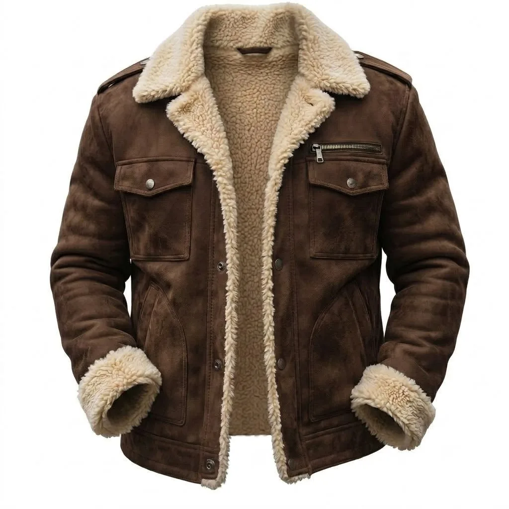 Winter Fleece Jacket Men Retro Turn Down Collar Warm Outwear Coat Male Solid Suede Fabric Multi Pocket Jacket Thick Vintage Tops