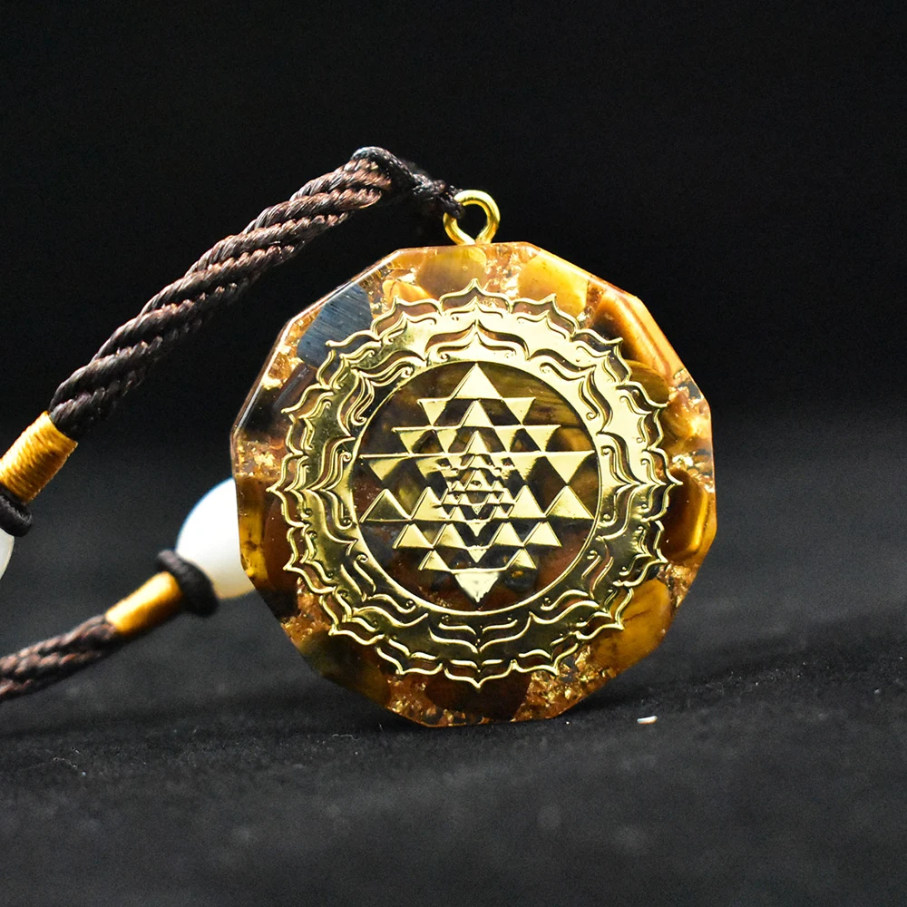 Orgonite Necklace Natural Stone Sri Yantra Pendant Sacred Geometry Tiger Eye Energy Necklace  Women Men Resin Jewelry Gift