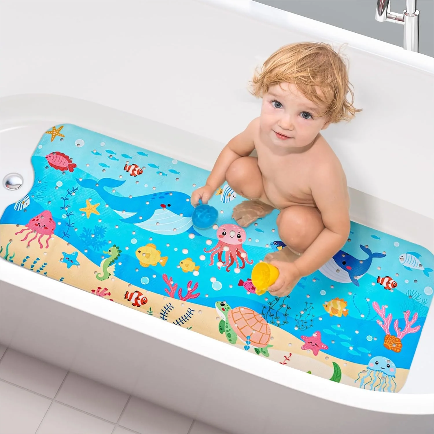 

Non Slip Baby Bath Mat for Tub 40x16 Inch Extra Long Bathtub Mat with Drain Holes and Suction Cups, Anti Slip Shower Mat Machine