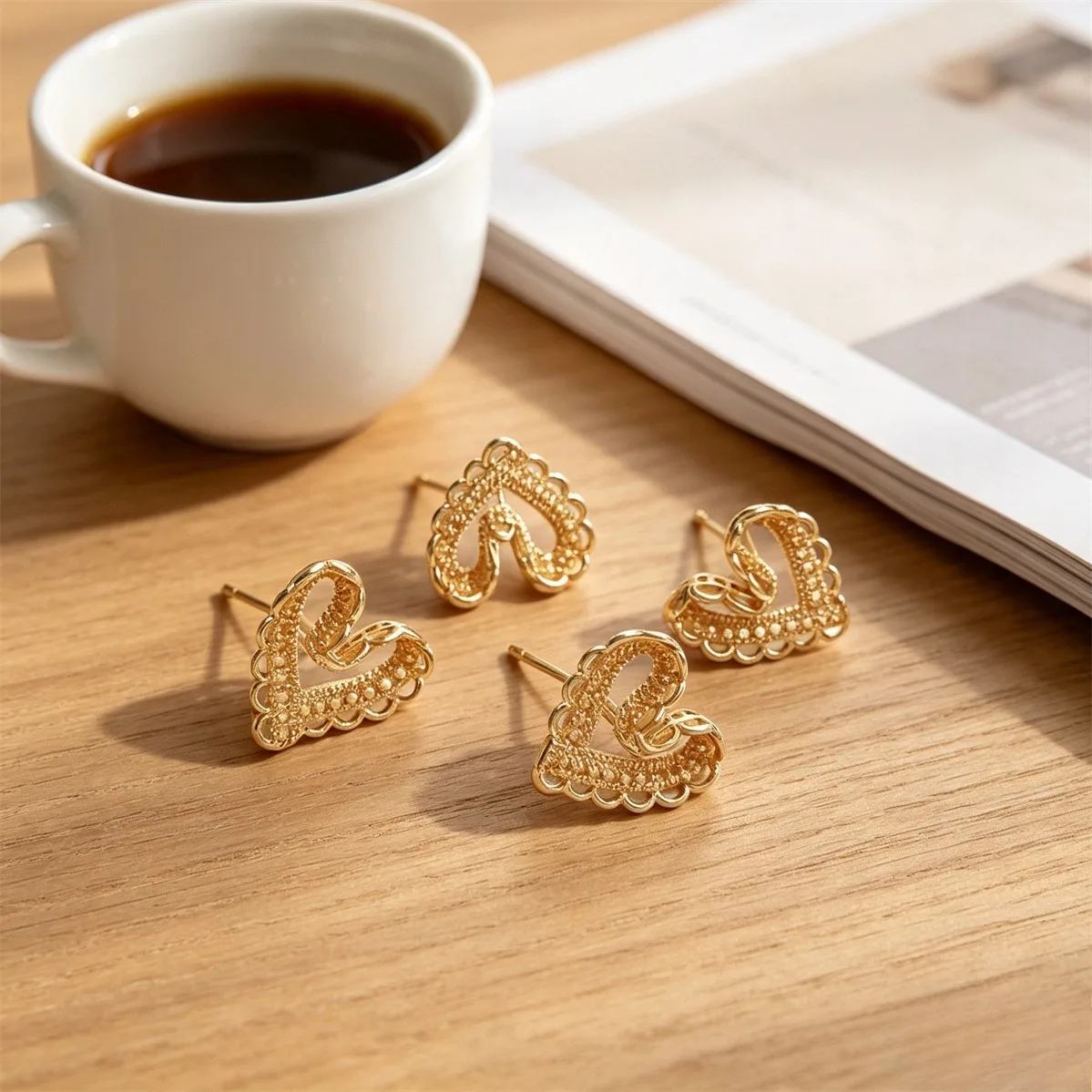 Brass Gold Plated Lace Hollow Heart Stud Earrings Minimalist Sweet Luxury Women DIY Ear Jewelry Findings