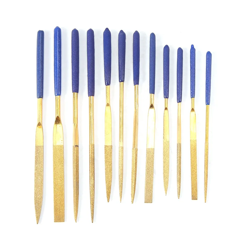 12Pcs Titanium Coated Diamond Files Set Soft Rubber Handles Variety Shapes Diamond Needle Files for Metal Glass Ceramics