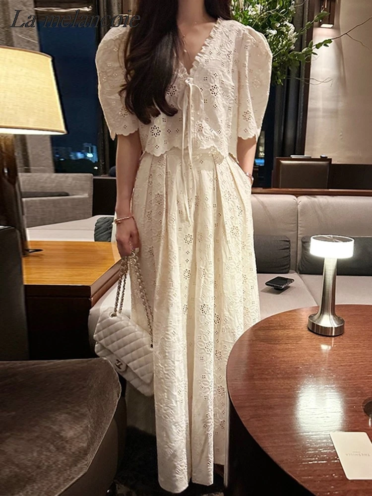 Hollow Lace Embroidery Skirt Set Woman 2024 Summer New Fashion V-neck Blouse+high Waist Pleated Korea Chic Elegant 2 Piece Sets