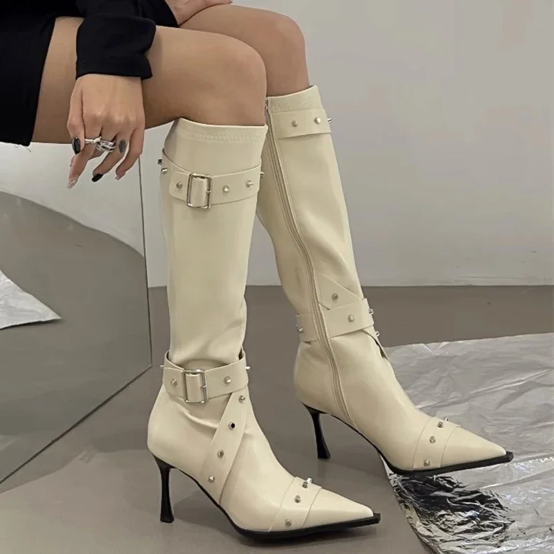 Autunno inverno donna stivali alti al ginocchio fibbia per cintura moda stivaletti lunghi sottili scarpe a punta da donna con tacco alto sottile