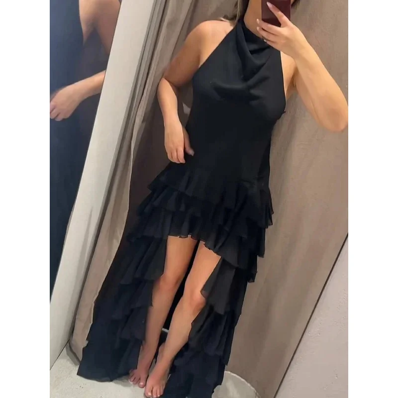 Vestido feminino com decote halter, moda em camadas, decoração, zíper lateral, comprimento médio, sem mangas, costas nuas, vestido de festa, temperamento sexy