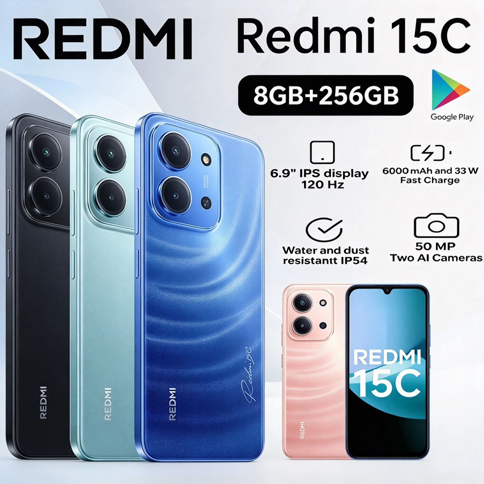 2026 new Redmi 15C Smartphone 8GB RAM 256GB Storage 6.88 Inch 120Hz HD Screen Global Version Dual SIM Large Capacity Battery
