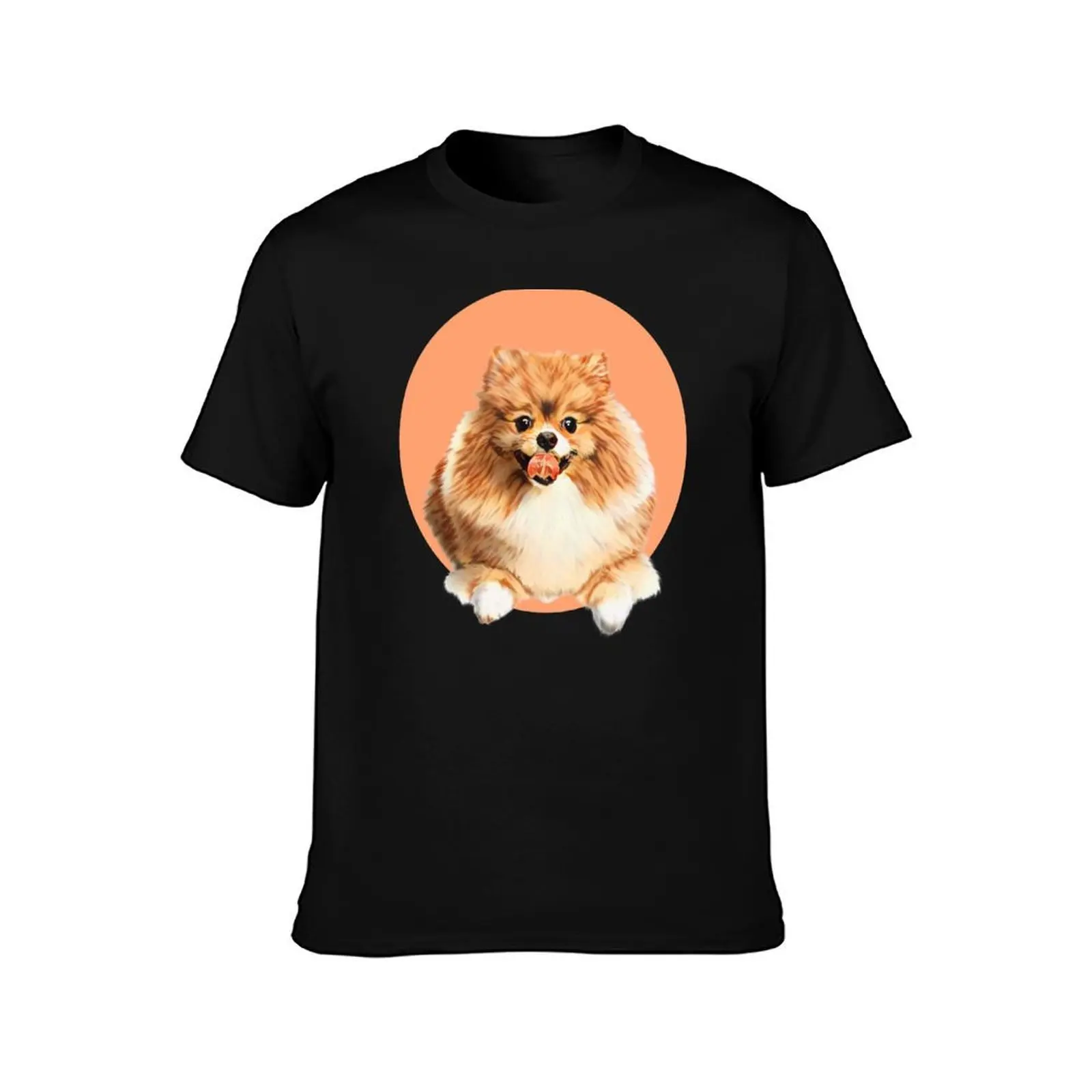 Cute Pomeranian dog on peach background graphic art T-Shirt, Summer Casual Cotton Tee, Oversized Streetwear Tops, 100% Cotton