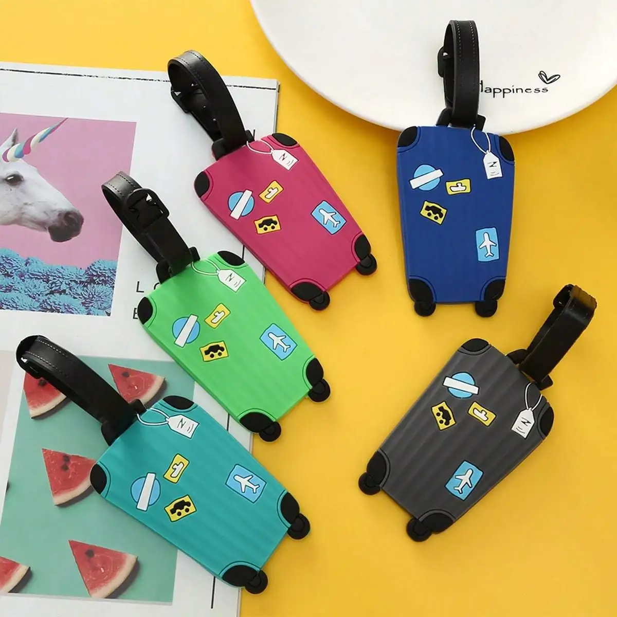 Juego de 5 etiquetas de equipaje de PVC blando con correas de silicona, etiquetas duraderas para maletas de viaje para aeropuertos y identificación de bolsas con ruedas
