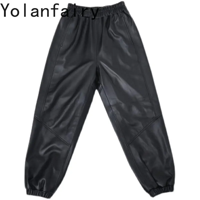 YOLANFAIRY Genuine Sheepskin Leather Harem Pants for Woman Fall Black Elastic Waist Commute Nine Points Casual Leather Trousers