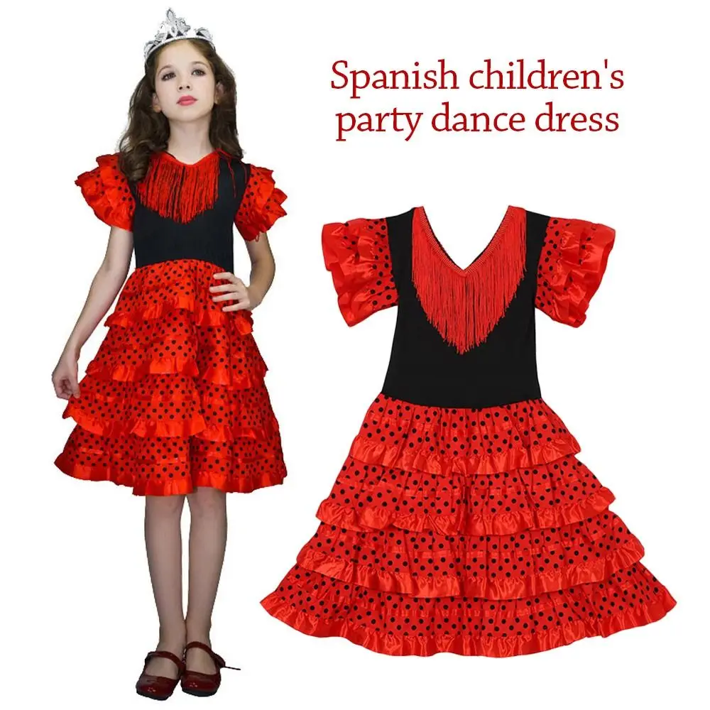 Vestido de Danza Española con Borlas, Diseño de Puntos, Manga Corta, Falda Infantil, Vestido Gitano Clásico Tradicional para Festivales