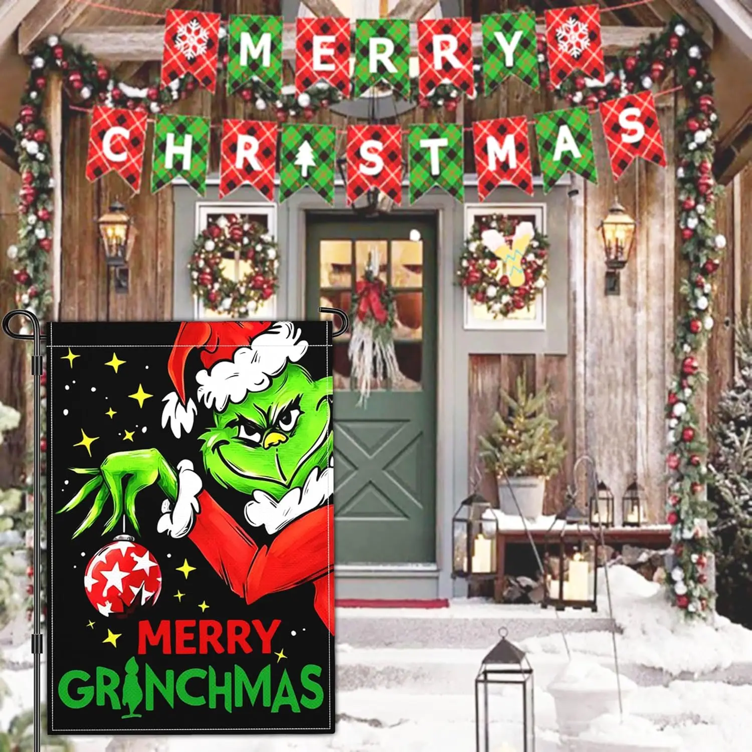 Merry Grinchmas Garden Flag Christmas Garden Flags for Outside 12x18 Double Sided Christmas Vacation Decorations Outdoor Yard Si