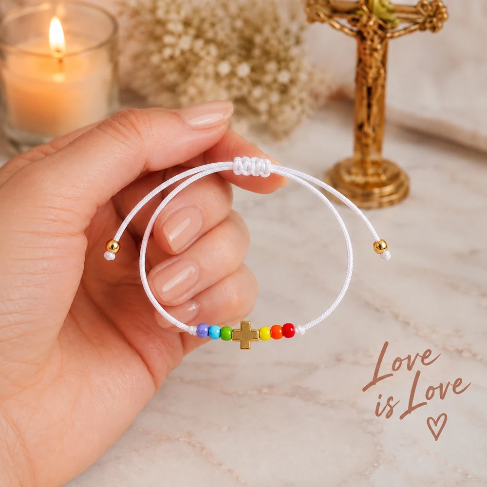 1pc Rainbow Beaded Cross Bracelet White Adjustable Cord Strand with Golden Cross Charm Minimalist Unisex Pride Design