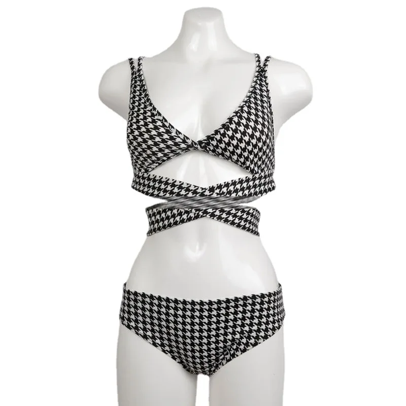 

Women's Bikini Swimsuit Two-piece Houndstooth Pattern Cross Tie-up Straps Celebrity Inspired Korean Fashion Style for Beach Vaca