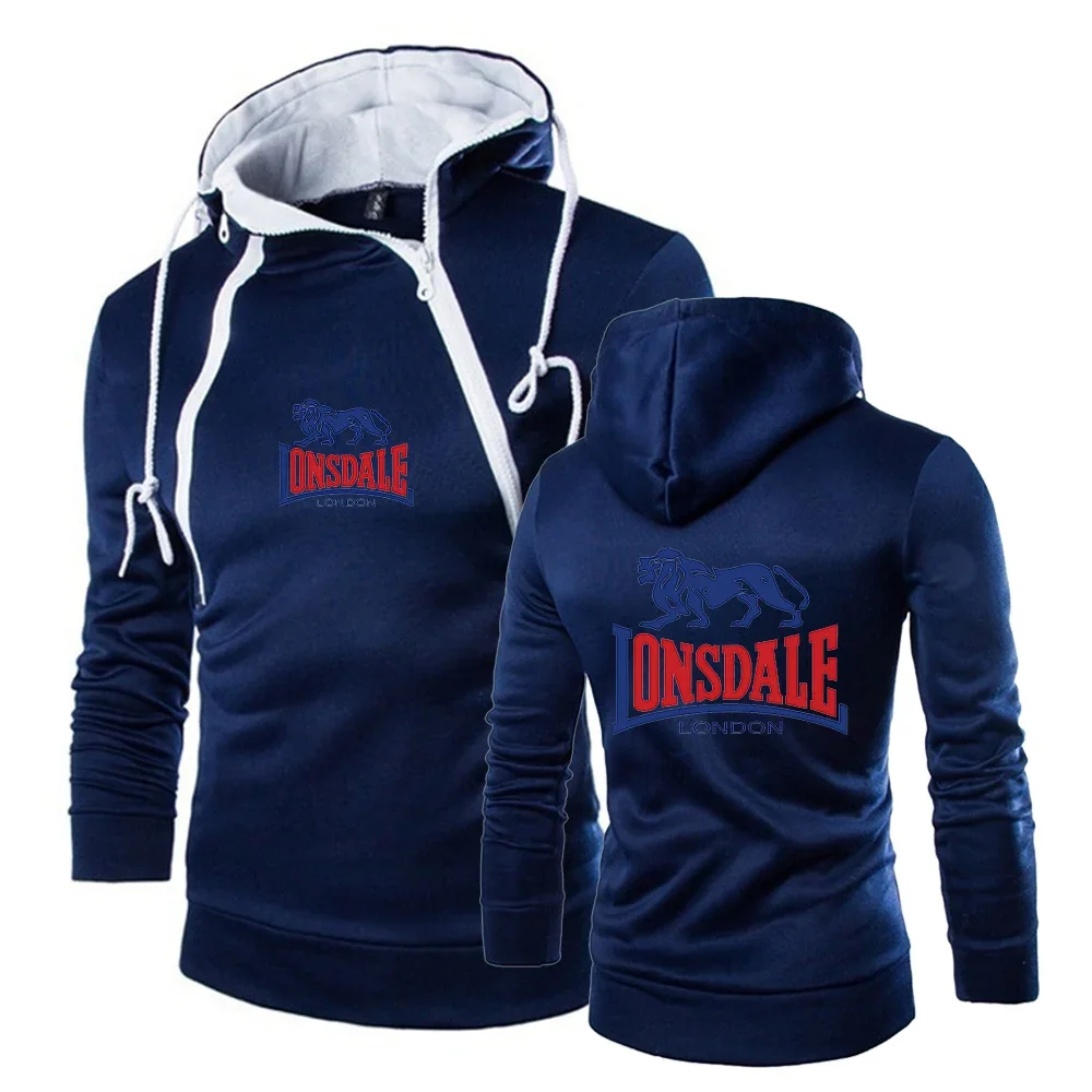 New Lonsdale 2024 Men Autumn Solid Color Hoodie Printing Double Zipper Design Pullover Male Sweatshirt Long Sleeve Sweater Tops