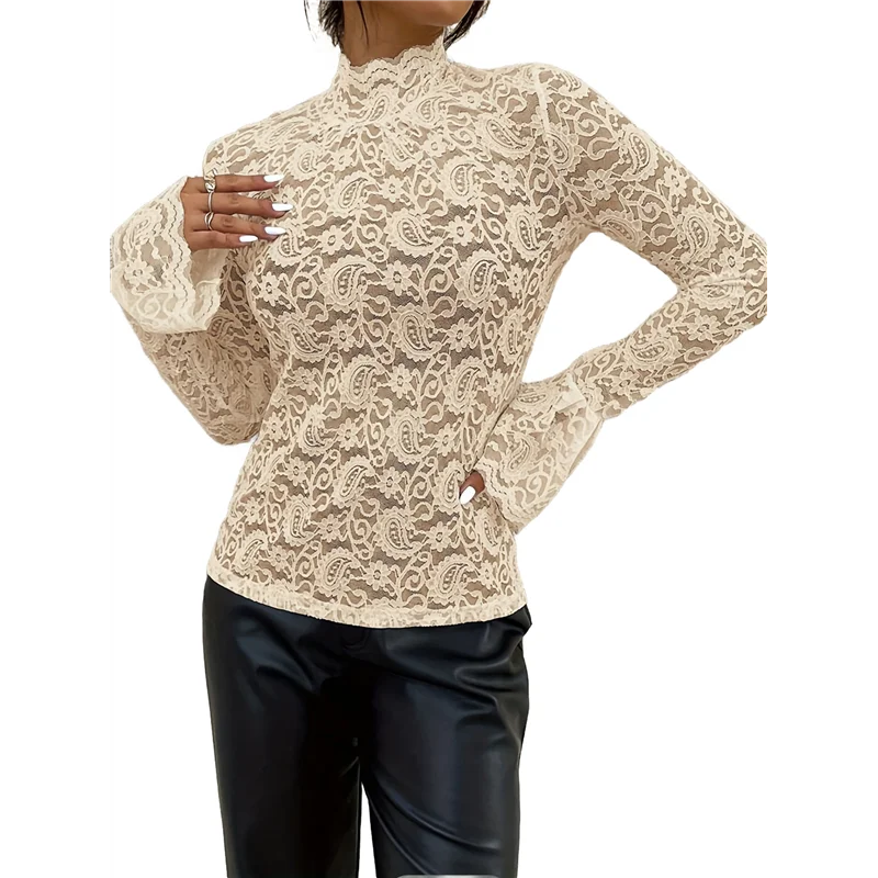 

AG-Womens Lace Tops Sheer Long Sleeve Tops For Women Casual Dressy Blouse Shirt