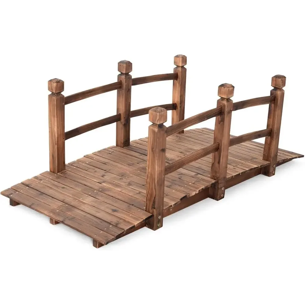 1.5M Wooden Arc Garden Bridge with Safety Guardrails for Outdoor Walkways and Pond Borders (Brown)