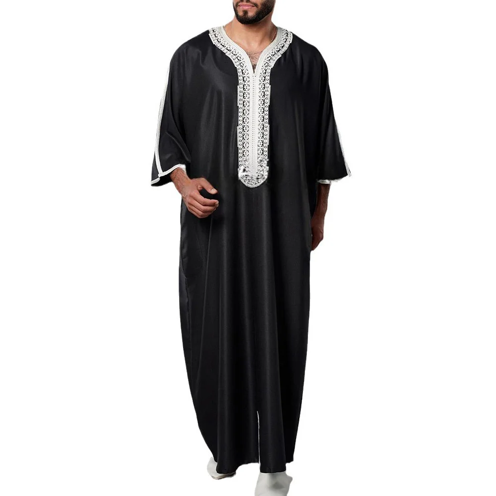 Mens Robe Muslim Middle Eastern Embroidered Short Sleeve Robe Four Seasons Arab Ethnic Style Casual Daily Men's Clothing 2024