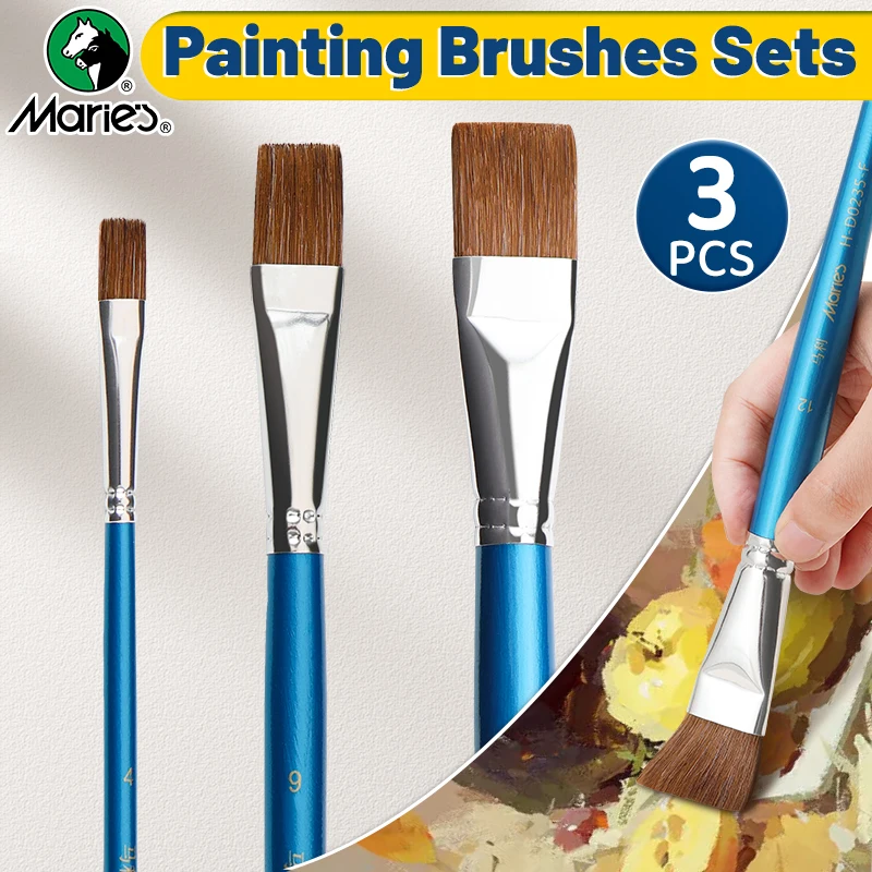 Marie's 3pcs Soft Hair Flat Paint Brush Set for Oil,Acrylic,Gouache,Watercolor,Crafts,Models,Rocks,Canvas for Artists,Hobbies